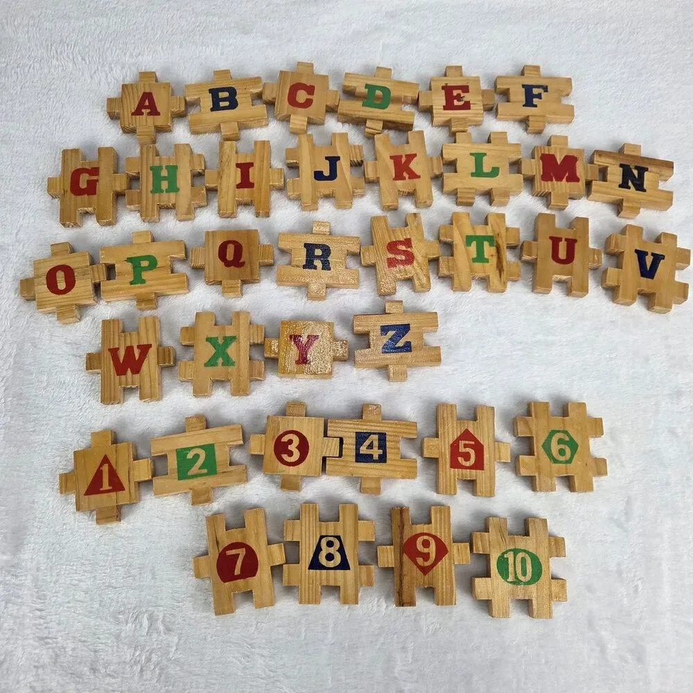 Vintage Wooden Interlocking Alphabet & Number Blocks Set of 36 Educational Toys